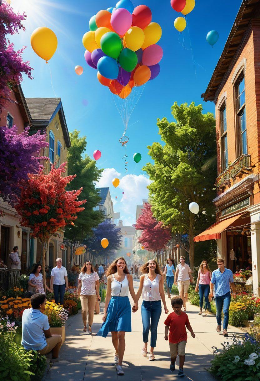 A dynamic scene featuring a diverse group of people joyfully engaging in colorful outdoor activities, surrounded by vibrant flowers and radiant sunshine. The individuals should represent various backgrounds, showcasing their unique expressions of happiness and energy. Include elements like bright balloons, playful animals, and an open, blue sky to convey a sense of freedom and enthusiasm. super-realistic. vibrant colors. 3D.