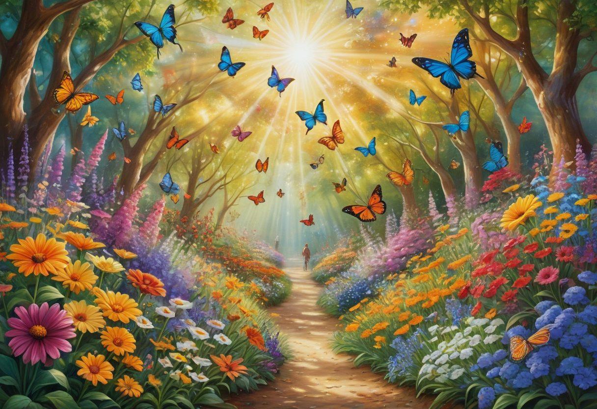 A whimsical garden scene bursting with colorful flowers, butterflies fluttering joyfully, and a glowing sun radiating warmth. A diverse group of people, all smiling and engaging in activities like dancing, painting, and laughing together. Infuse the atmosphere with bright, positive energy capturing the essence of happiness and exuberance. super-realistic. vibrant colors. soft focus.